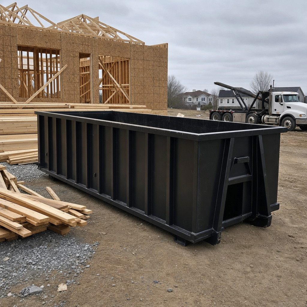 Matte-black 40-yard roll-off dumpster staged on a framed-out residential construction site in Vineland, framing lumber stacked nearby, hooklift delivery truck visible in the background under bright Colorado daylight