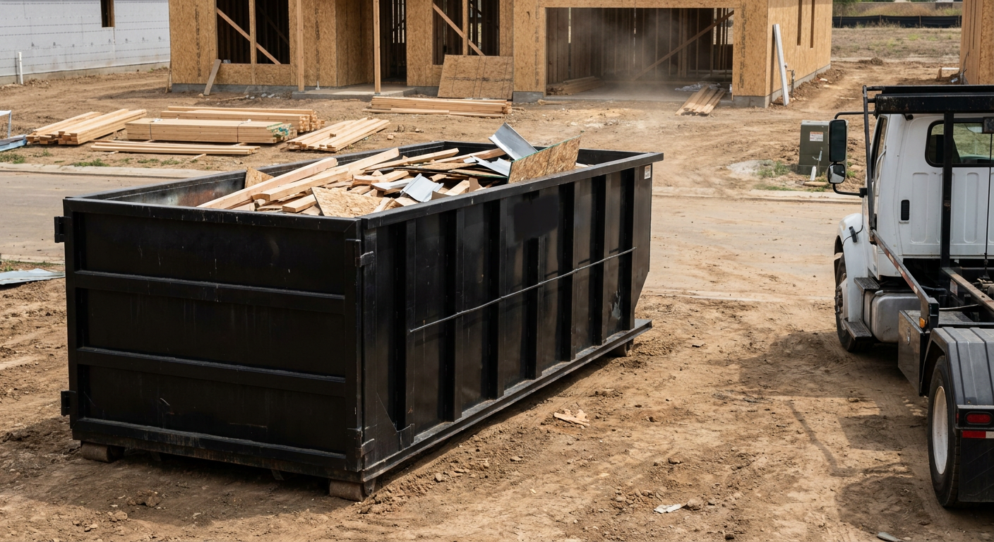 Matte-black 20-yard roll-off construction dumpster with heavy ribbed steel sidewalls and swing rear doors at a working jobsite in Vineland, sitting directly on compacted dirt with an unmarked white hauler partially visible at the far edge of the frame.