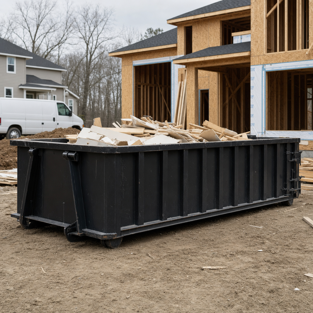 Worker in a yellow high-visibility vest tossing framing lumber and broken drywall into a matte-black 30-yard construction roll-off dumpster on an active build site in Vineland, bright daylight