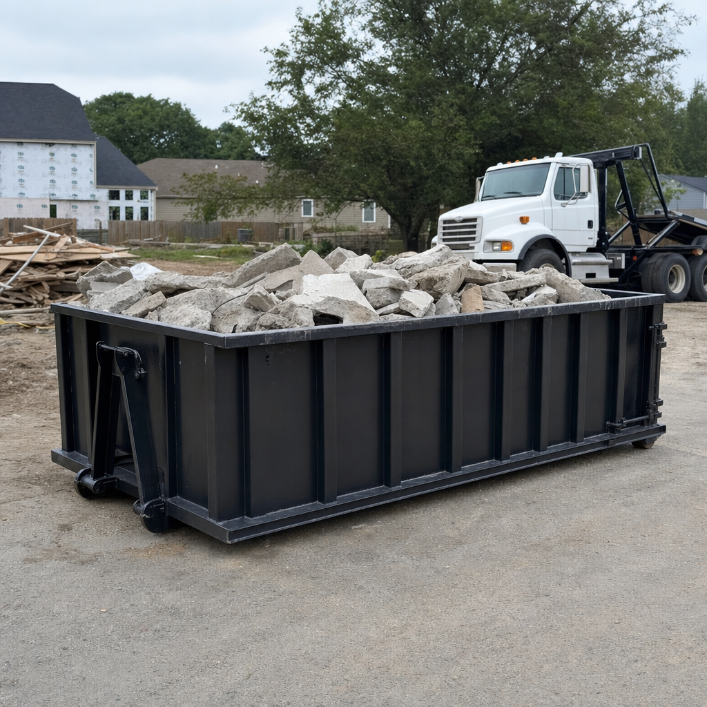 Low-profile matte-black lowboy roll-off dumpster loaded with broken concrete slab and rebar at a foundation tear-out in Vineland, skid steer parked beside it, sunny Colorado morning