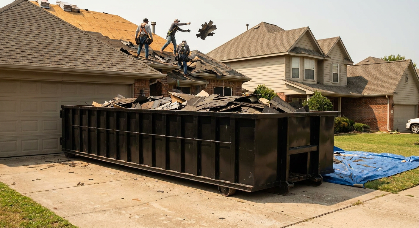 Matte-black roofing roll-off dumpster placed directly on a Vineland residential concrete driveway, a tear-off crew on a two-story asphalt-shingle roof tossing shingle bundles into the low-walled container, bright daylight, documentary 35mm perspective.