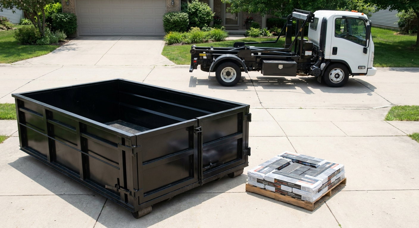 Matte-black 15-yard roofing roll-off dumpster with reinforced low side walls sitting directly on a Vineland residential concrete driveway, three-tab asphalt shingle bundles stacked nearby, an unmarked white hauler truck partially visible at the edge of the frame.