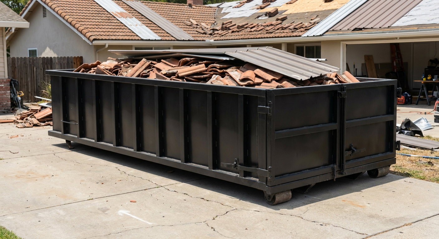 Matte-black low-wall heavy-debris roofing roll-off dumpster sitting directly on a Vineland concrete driveway, broken concrete clay roof tiles and metal panel sections loaded inside, reinforced ribbed steel side walls visible, bright outdoor daylight.
