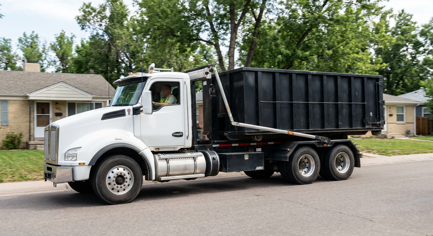 A wide documentary shot of a matte-black roll-off delivery truck pulling onto a quiet Vineland residential street at mid-morning, with neighborhood rooftops and tree-lined blocks visible behind, showing the metro coverage footprint.