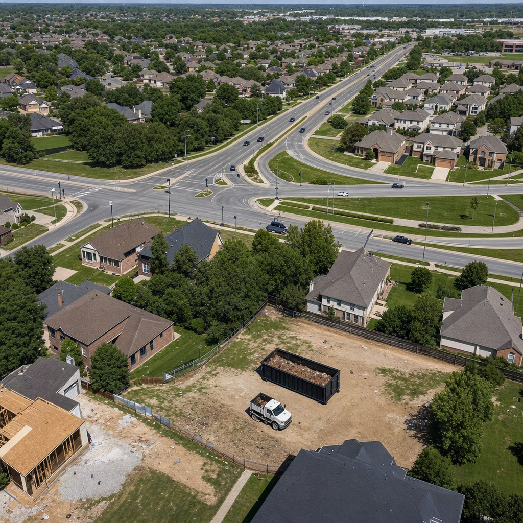 An overhead documentary view of the Vineland metro area at midday, showing the spread of neighborhoods, arterial roads, and the dispatch radius from a central yard — clean daylight, organized geographic layout.